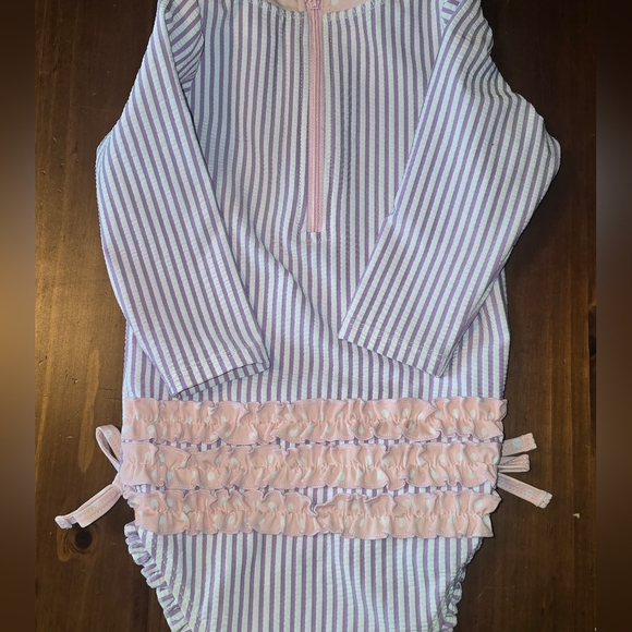 Ruffle Butts Baby Girls' Seersucker Long Sleeve Rash Guard Swimsuit 12-18 Month - Picture 3 of 8